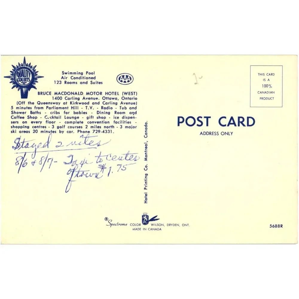 Bruce Macdonald Motor Hotel (West) 1400 Carling Ottawa Ontario Canada Postcard - Picture 2 of 2